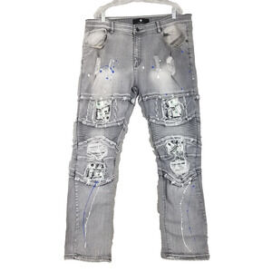 Focus Jeans Mens Jeans 40x32 Gray Distressed Moto Paint Splatter Stacked Denim